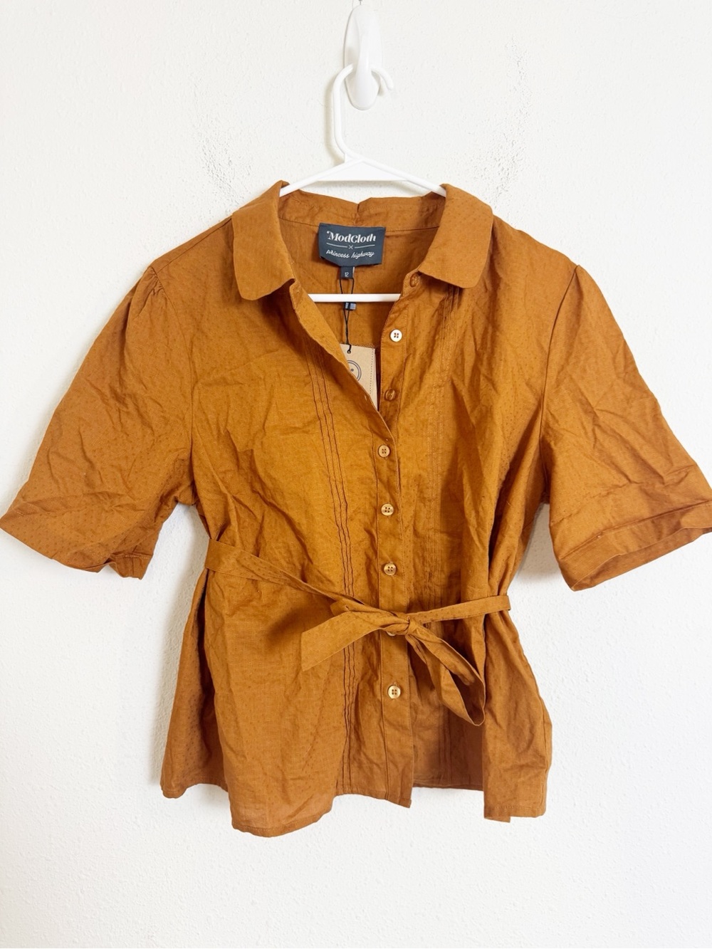 ModCloth Princess Highway Rust-Orange Button-Front Tie-Waist Shirt